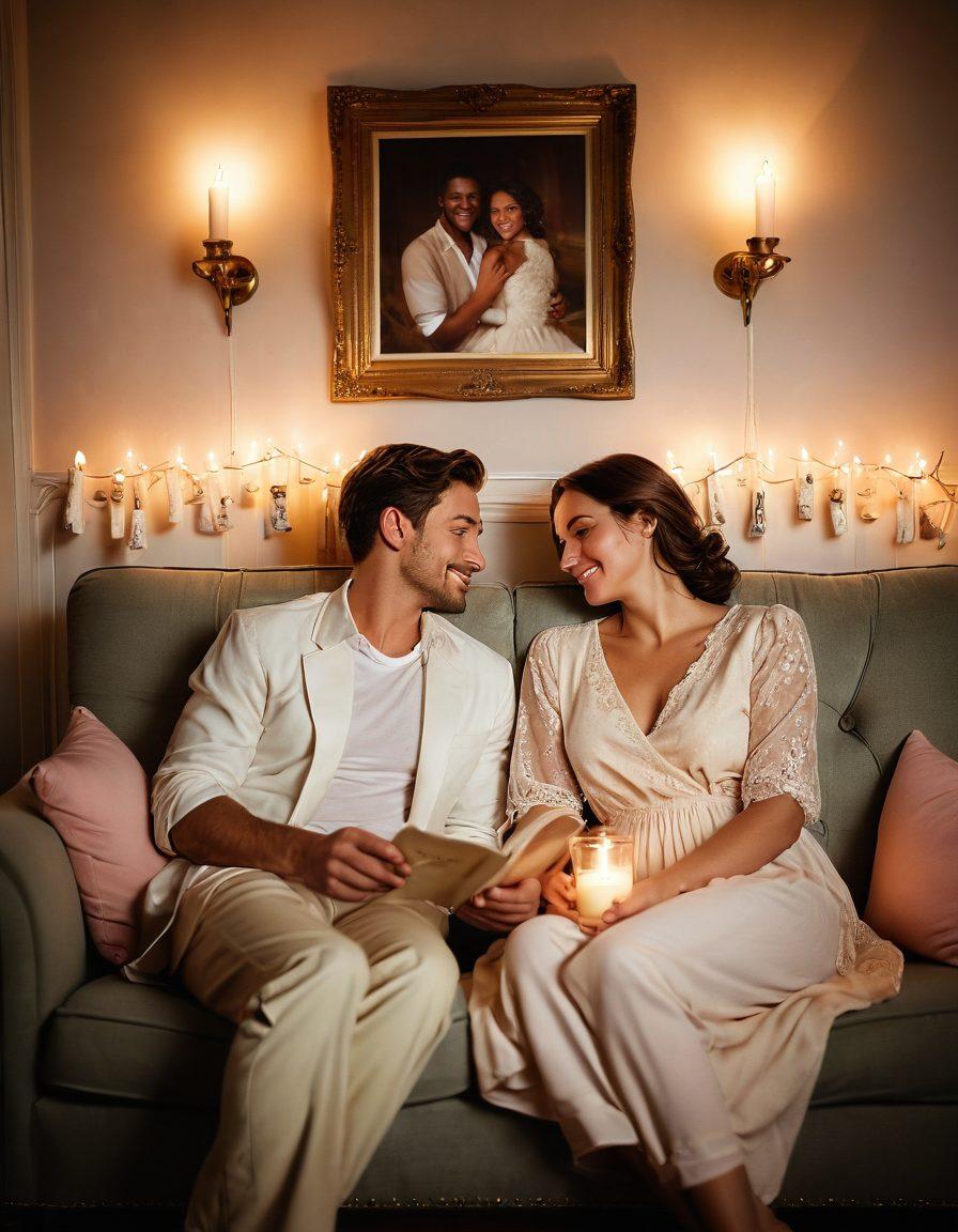 A cozy, intimate setting featuring two lovebirds sitting closely on a vintage sofa, surrounded by warm candlelight and soft pillows. The background includes a wall adorned with framed photographs of their journey together, showcasing moments of laughter and tenderness. Soft colors create a romantic atmosphere, symbolizing the transition from flirtation to deep devotion. ethereal lighting. vibrant colors. hyper-realistic.