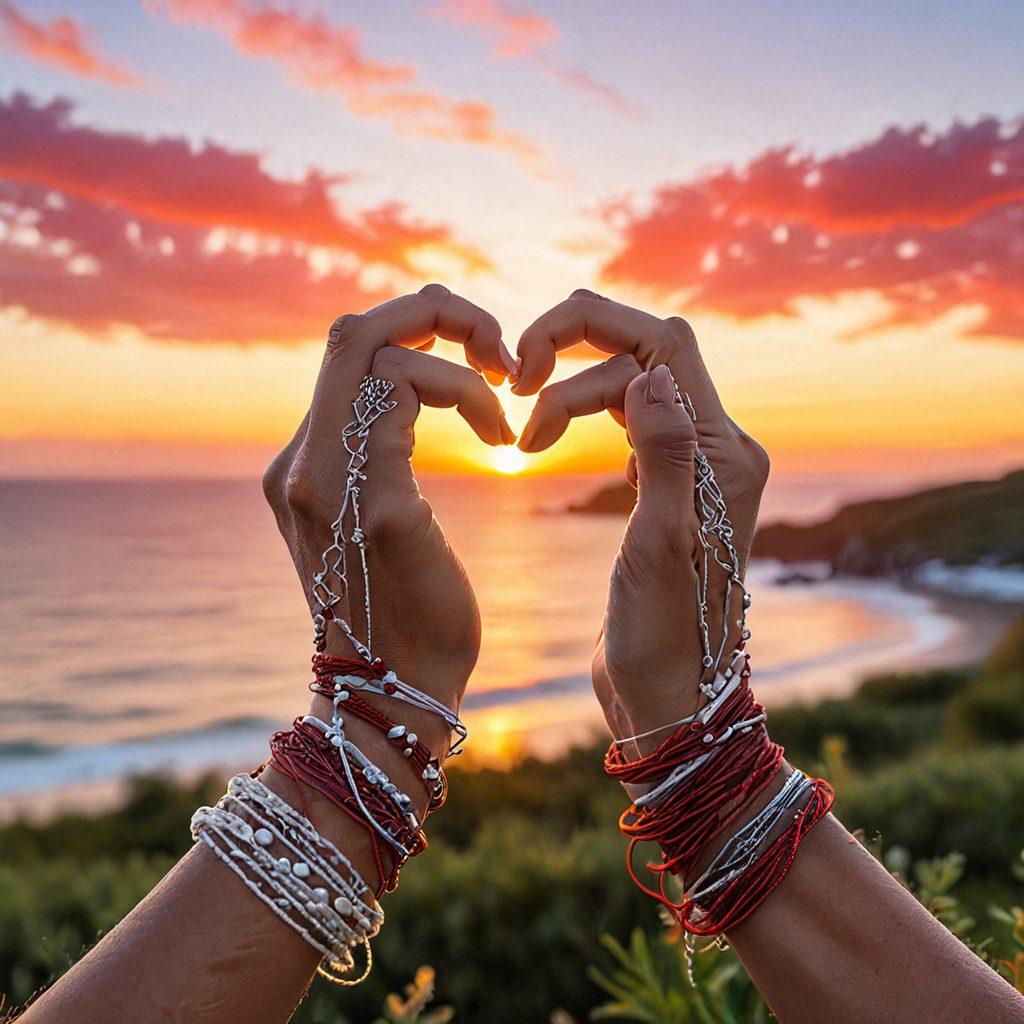 A close-up of two hands intertwined with vibrant threads symbolizing connection, surrounded by soft glowing hearts. In the background, a serene landscape depicting a sunrise, representing new beginnings in love. The atmosphere is warm and inviting, enhancing intimacy. The color palette features rich reds and soft pastels. super-realistic. vibrant colors.