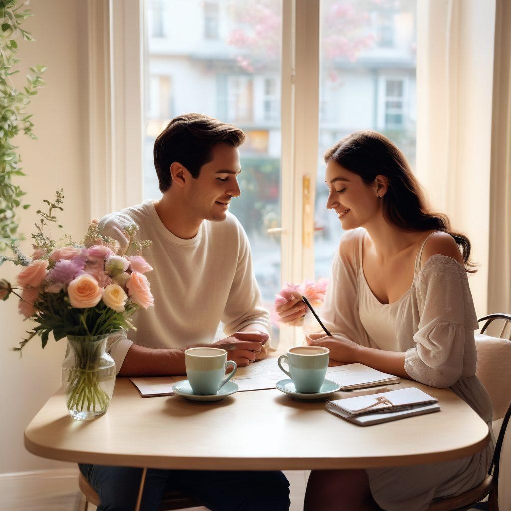 A cozy, intimate scene featuring a couple sharing a heartfelt moment in a beautifully decorated café, surrounded by warm lighting and romance-themed decor. Illustrate them exchanging handwritten love letters, with soft pastel tones and floral accents enhancing the atmosphere. Include elements like coffee cups and a small vase with fresh flowers on the table to evoke warmth and connection. digital illustration. soft colors. warm lighting.